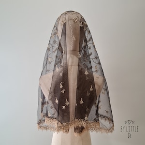 Our Lady of Sorrows Black Veil with Gold Embroidery, Catholic Veil, Latin Mass Veil, Shawl Style (w/ sewn in snap on comb)