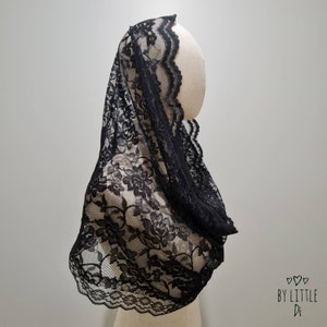 St. Faustina Lace Infinity Veil for Catholic Mass, Latin Mass Veil, Catholic Veil Black/ White (w/ snap on comb)