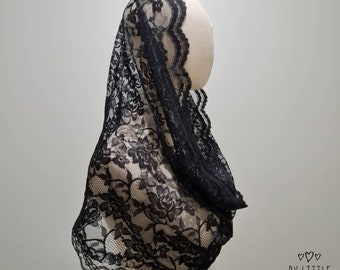 St. Faustina Lace Infinity Veil for Catholic Mass, Latin Mass Veil, Catholic Veil Black/ White (w/ snap on comb)