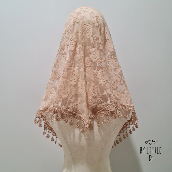 READY TO SHIP - Soft Veil, Catholic Mass Chapel Veil, Latin Mass - Camel/ Tan (w/ snap on comb)