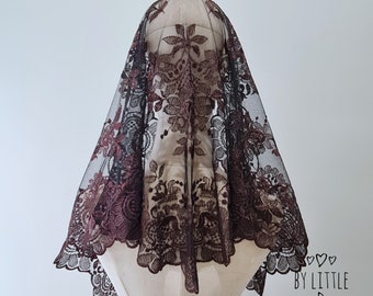 READY TO SHIP - St. Mary Magdalene Mantilla Chapel Veil for Latin Mass, Catholic Mass Veil, Black-Chocolate brown, w/ snap on comb