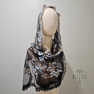 St. Catherine of Siena Shawl, Catholic Veil, Rectangle Mantilla, Black  (180 cm x 65 cm)