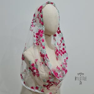 Velo infinito de Santa Catalina de Siena / Velo de capilla con mantilla para misa en latín / Velo de misa católica / Marfil-rosa oscuro (con peine a presión)