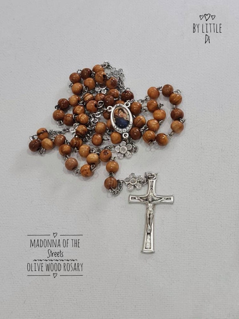 Rosary Gift Full Rosary Olive Wood Rosary Madonna of the Streets Personalised Rosary 10 characters per decade image 1