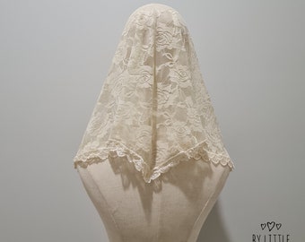 READY TO SHIP - St. Lucy Traditional Mantilla Chapel Veil for Latin Mass | Catholic Mass Veil | Lace Veil | Cream Veil (w/ snap on comb)