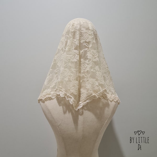 READY TO SHIP - St. Lucy Traditional Mantilla Chapel Veil for Latin Mass | Catholic Mass Veil | Lace Veil | Cream Veil (w/ snap on comb)