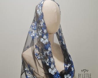 St. Catherine of Siena Infinity  Veil | Mantilla Chapel Veil for Latin Mass | Catholic Mass Veil | Black Blue (w/ snap on comb)
