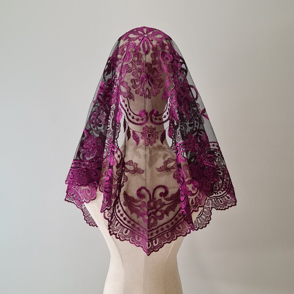 READY TO SHIP - Traditional Mantilla Chapel Veil for Latin Mass | Catholic Mass | Advent Veil, Black with Purple Embroidery, w/ snap on comb