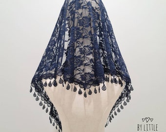 READY TO SHIP - St. Lucy Mantilla Chapel Veil for Latin Mass | Catholic Mass Veil | Lace Veil | Midnight Blue Veil (w/ snap on comb)