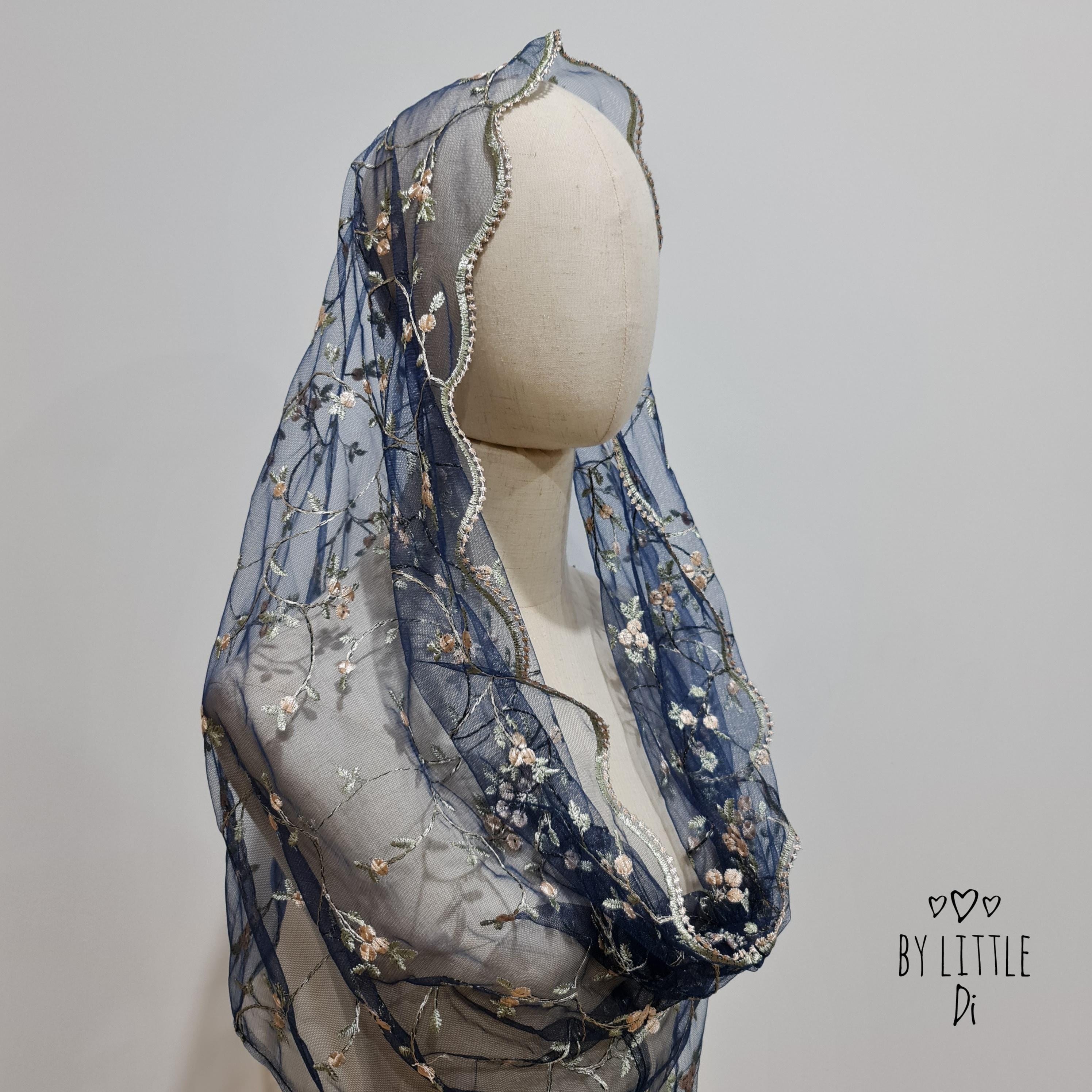 Little Flowers Infinity Veil for Catholic Mass Blue (w/ snap on comb)