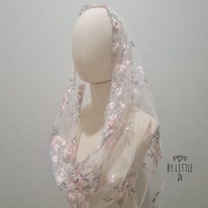 St. Catherine of Siena Infinity  Veil | Mantilla Chapel Veil for Latin Mass | Catholic Mass Veil | White Grey-Light Pink (w/ snap on comb)