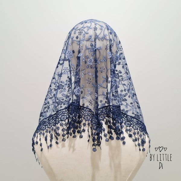 St. Martha Traditional Mantilla Chapel Veil for Latin Mass | Catholic Mass Veil | Lace Veil | Navy Blue Veil (w/ snap on comb)