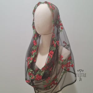 St. Catherine of Siena Infinity  Veil | Mantilla Chapel Veil for Latin Mass | Catholic Mass Veil | Black Red (w/ snap on comb)