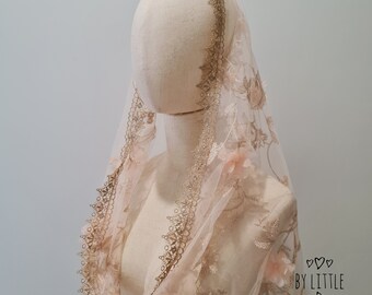 St. Rose of Lima Infinity Veil for Catholic Mass, Latin Mass Veil, Catholic Veil, Peach with flower applique (w/ snap on comb)