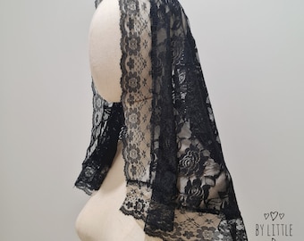 St. Agatha D-shaped Traditional Mantilla Chapel Veil for Latin Mass | Catholic Veil | Black (w/ sewn in clip on straight side of the veil)