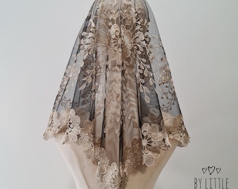 READY TO SHIP - St. Mary Magdalene Mantilla Chapel Veil for Latin Mass, Catholic Mass Veil, Black with Beige embroidery, w/ snap on comb