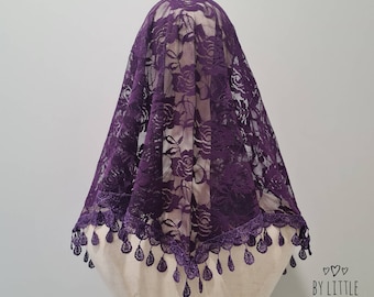 READY TO SHIP - St. Lucy Purple Veil, Catholic Mass Veil, Advent/Lent Chapel Veil, Purple Veil for Latin Mass, Violet Veil (w/ snap on comb)