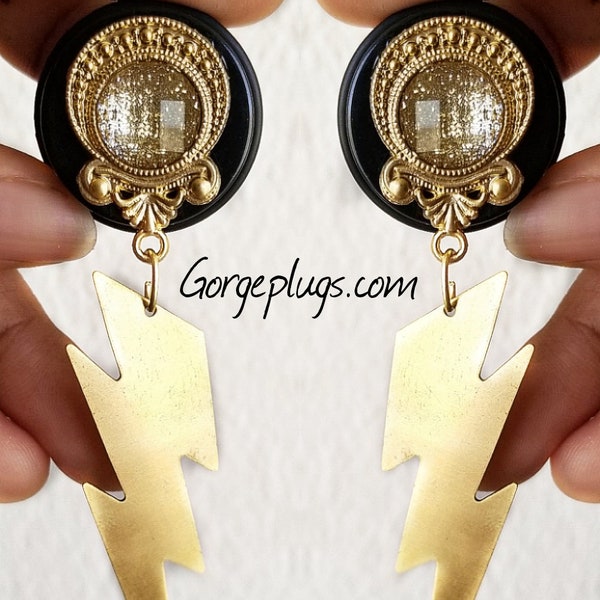 PICK SIZE Large Lightning Boltz Dangle Plugs Gauges 0g-1 " (8mm-25mm) Sold by PAIR, gold, boho, bohemian, modern, brass, goddess