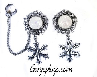 0g-1" Silver White Snowflake Earcuff Chain Dangle Plugs Gauges, Sold by PAIR (8mm-25mm) 00g, 1/2-dangle gauges, xmas plugs, winter plugs-