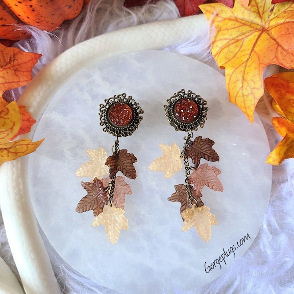0g-2,5 cm Bronze Herbst Blätter Herbst Baumeln Plugs Gauges | Erntedank Ohrringe | Gestreckte Ohren Schmuck | leichte festliche Plugs