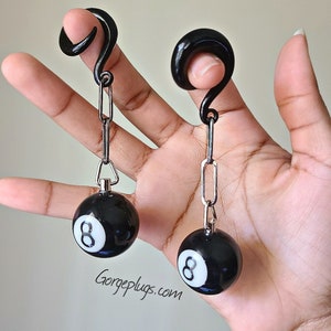 8 Ball Ear Weights / Ear Hangers 6g 2g 0g 00g (4mm+) gauges earweights ear weight, rock and roll,pool