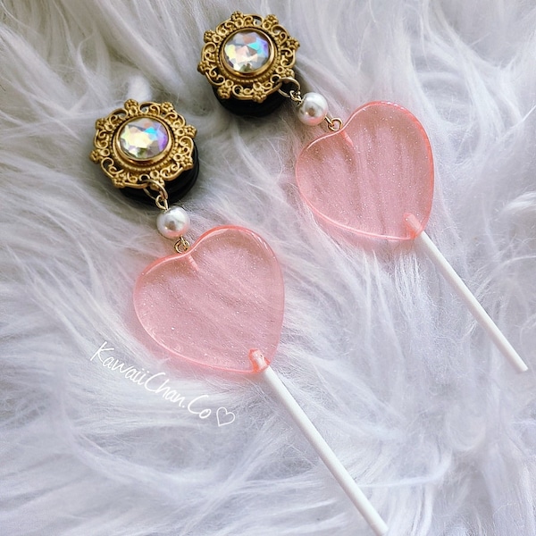 0g-1" Gold Sucker For You Pastel Glitter Heart Lollipop Earrings Gauges Plugs For Stretched Ears (8mm-25mm) 00g - Heart Soft Girl Aesthetic