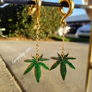 4/20 Cannabis Weed Pot Leaf Ear Weights / Ear Hangers 0g(8mm)+ gauges Mary Jane Marijuana