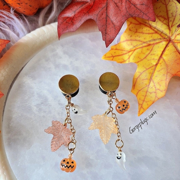 0g-1" Gold Orange Ghost Asymmetrische Halloween Hänge-Plugs, Stärken: 8 mm-25 mm, verkauft als Paar. Größen: 0g, 7/16", 1/2", 9/16", 5/8", 3/4", 7/8", Herbst.