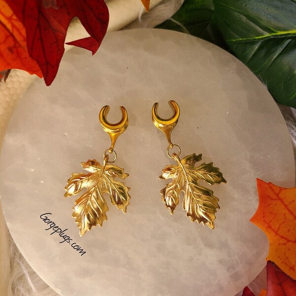 2g-00g Gold Fall Maple Leaf Saddle Plugs Gauges Earrings, Sold by PAIR 6mm, 8mm, 10mm, modern, sleek, fall