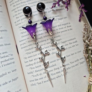 0g-1&quot;  Silver Black Rhinestone W/ Purple Black Trumpet Bell Flower, Spikes, Gothic Plugs Dangle Drop Plugs Gauges, (8mm-25mm)00g, 7/16, 1/2