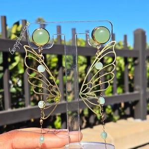 0g-1&quot;  Gold Aventurine Green Fairy Butterfly Spring Elegant Crystal Gemestone Dangle Drop Plugs Gauges, (8mm-25mm)00g, 7/16, 1/2, 9/16, 5/8