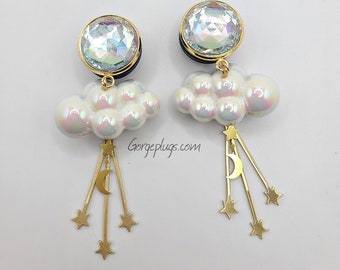 0g-1&quot;  Cloud Plugs Starry Night Dangle Plugs Gauges, Sold by PAIR(8mm-25mm)00g, 7/16, 1/2, 9/16, 5/8, 3/4, 7/8,1&quot;Dream core, Bohemian