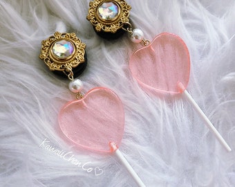 0g-1" Gold Sucker For You Pastel Glitter Heart Lollipop Earrings Gauges Plugs For Stretched Ears (8mm-25mm) 00g - Heart Soft Girl Aesthetic