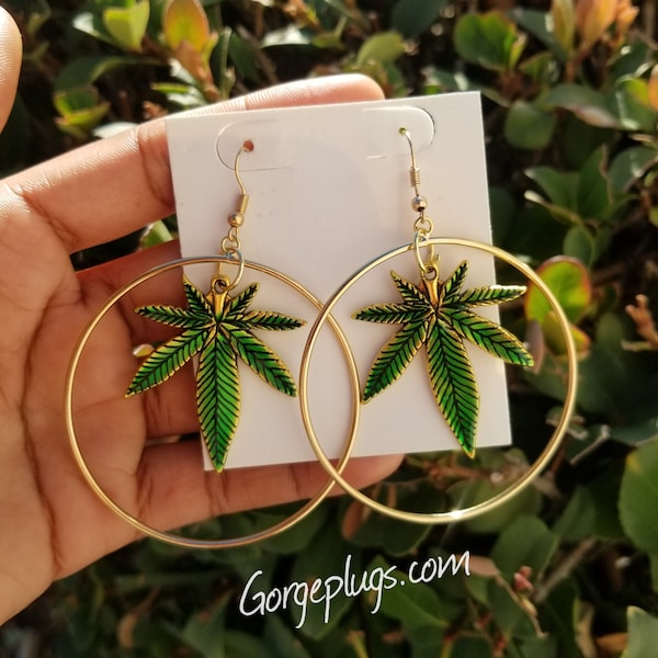 Blazin Baby Weed Pot Leaf Cannabis Golden Large Hoop Earrings Alloy Hook Marijuana Pendant