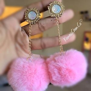 0g-1&quot; Pink Pastel Plush Fluffy Pompom Kawaii Earrings Dangle Gauges Plugs, 00g, 1/2, 10mm 12mm, 14mm -Soft Girl Aesthetic, Mean Girls-