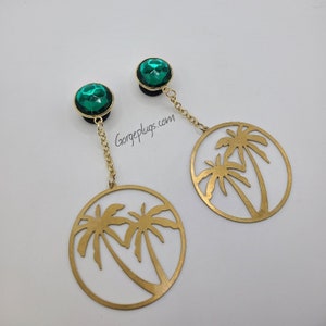 0g-1" Gold Palm Tree Hoop Dangle Plugs Gauges (8mm-25mm) 00g, 7/16, 1/2, 9/16, 5/8, 3/4, 7/8 - bohemian, Chic, hoop gauges, Summer plugs -
