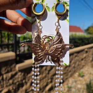 2g-1&quot;  All Gold Vintage Butterflies & Pearls Saddle Plugs Gauges, Sold by PAIR (8mm-25mm ) 00g, 1/2, 9/16 -Gold Plugs, for stretched ears-