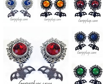 0g-1" All Black Bat Dangle Plugs Gauges, Sold by PAIR (8mm-25mm) 00g, 7/16, 1/2, 9/16, 5/8, 10mm, 12mm, 14mm, 22mm - Gothic, Halloween-
