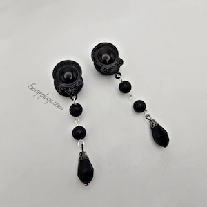 0g-2,5 cm Silber schwarz elegante Perlen w / Onyx schwarz Kristall Braut Beerdigung baumeln Drop Plugs Gauges Geringes Gewicht (8 mm-25 mm) 00g, 1/2, 5/8, 3/4