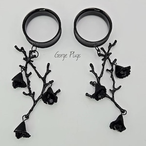 0g-1 3/16 &quot;  All Black Gothic Witchy Flower Branches W Black Crystals Dangle Plugs Gauges,Screwback tunnels (8mm-30mm) 00g, 1/2, 3/4,