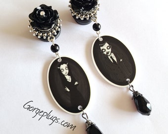 0g-1" Black And White The Addam's Morticia Vintage Dangle Plugs Gauges | Sold by PAIR (8mm-25mm) | Stretched Ears, bats, gothic, halloween