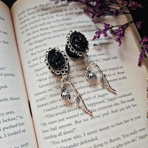 0g-1&quot;  Silver Black Withering Dying Roses Gothic Dangle Plugs Gauges, (8mm-25mm) 00G, 1/2, 3/4