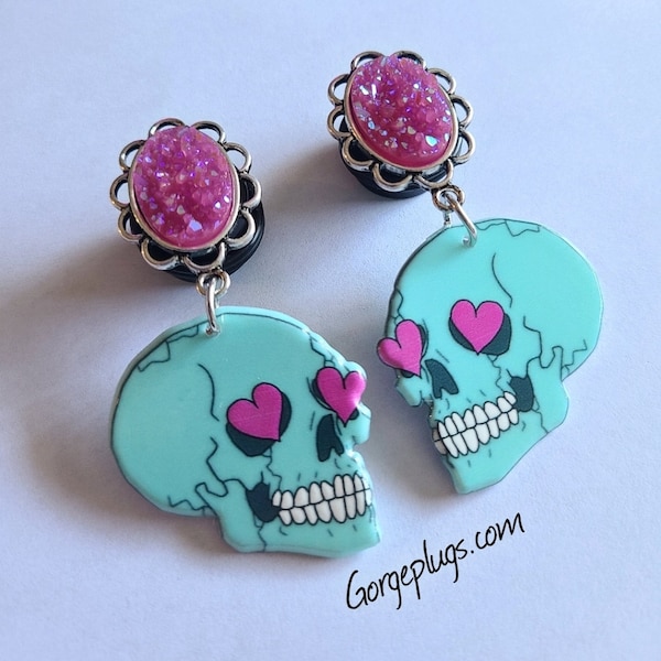 0g-1" Pastel Purple Heart Eyes Skull Dangle Plugs Gauges, Sold by PAIR (8mm-25mm)00g,7/16,5/8 -Gothic gauges, pastel goth-