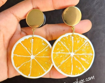 0g-1" Juicy Orange Slice Contemporary Hoop Boho Dangle Plugs Gauges Sold by PAIR (8mm-25mm)00g, 7/16, 1/2, 9/16, 5/8, Summer, Beach,Spring