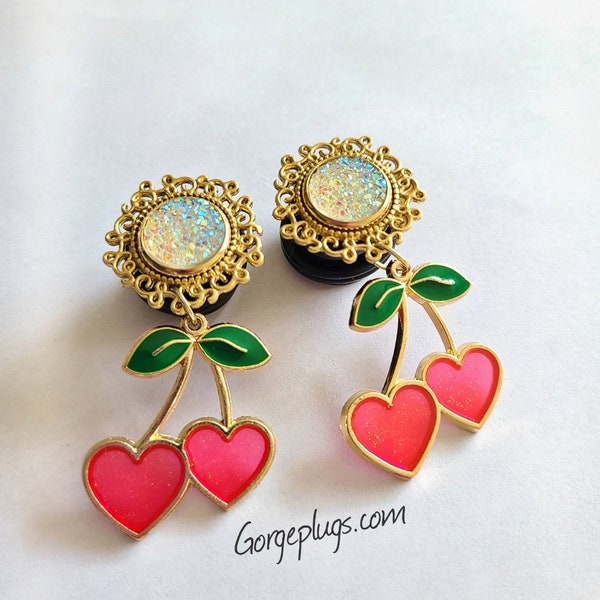 0g-1" Gold Cherry Hearts Plugs Gauges, Sold by PAIR (8mm-25mm) 00g, 7/16, 1/2, 9/16, 5/8, 3/4, 7/8, 10mm, 12mm, 14mm-valentines,V-Day-