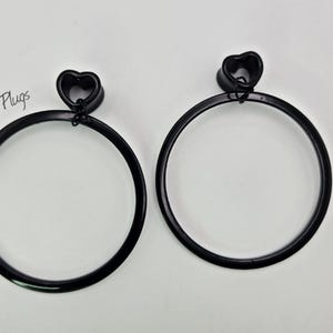 0g-1&quot;  All Black Edgy Heart Tunnel W/ Large Hoop Plugs Gauges Earrings, 8mm, 10mm, 12mm, everyday essentials,Gothic