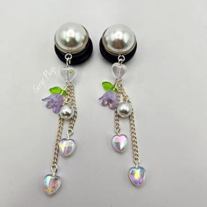 0g-1&quot; Purple Lily Of The Valley W Iridescent Hearts And Pearls Dangle Plugs Gauges | Pastel, CottageCore, Fairy Kei, For Stretched Ears