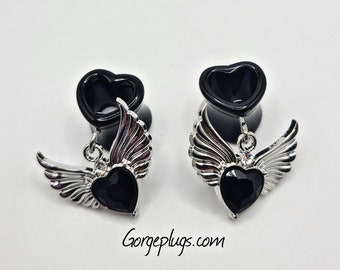 0g-1"  Black Gothic Archangel Cherub Heart Tunnel Plugs Gauges Earrings, Sold by PAIR , 8mm, 10mm, 12mm,14mm, 16mm,20mm gifts for her,