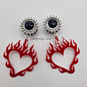 0g-1&quot; Red & Black Flaming Heart Hoops Dangle Plugs Gauges, Sold by PAIR (8mm-25mm) -valentines, vday, valentines day, E-Girl,gifts for her-