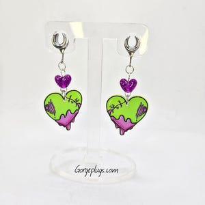 2g-1" Zombie Hearts inspired Saddle Plugs Gauges Earrings, Sold by PAIR  6mm, 8mm, 10mm, Halloween, Spooky, horror lover